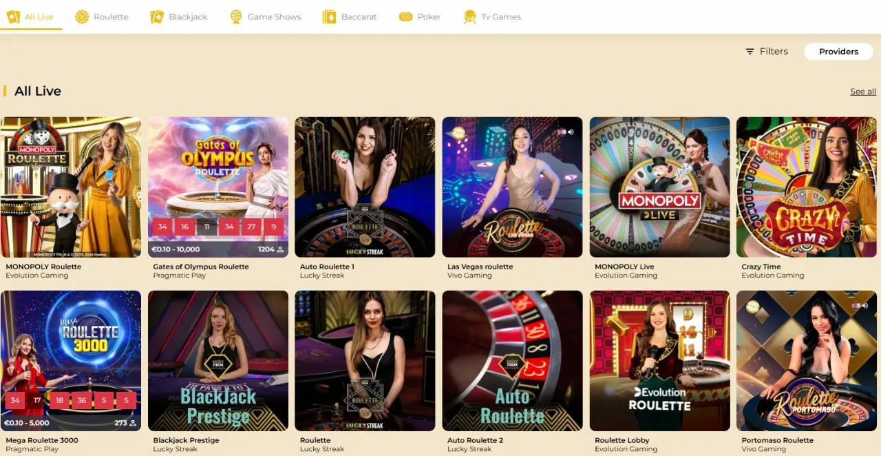 Live casino met echte dealer aan roulette- en blackjacktafel bij WinMega