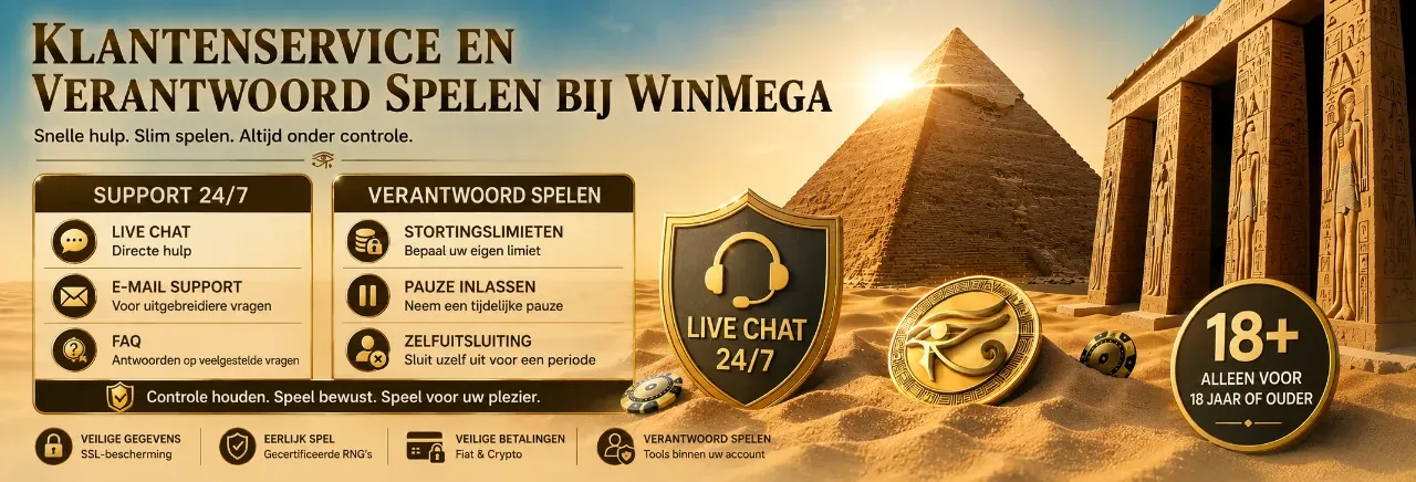 Live chat support en verantwoord spelen tools met 18-plus icoon bij WinMega